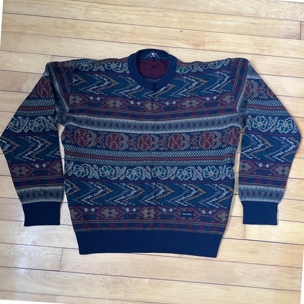 Paul & Shark Yachting Mens Vintage Wool Geometric Knit Sweater Navy Burgundy L